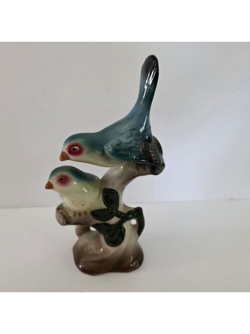 Vintage Ceramic Bird Figurine On Branch Hand-Painted Green & Brown Mid-Century